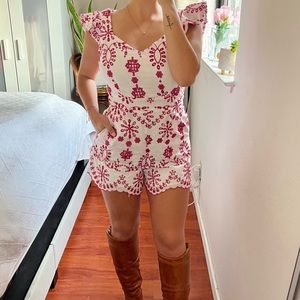 Francesca’s Pink/White Floral Eyelet Romper